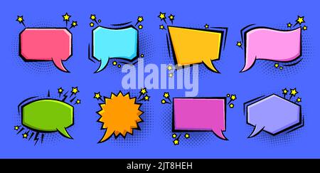 Fumetti pop art bolle con ombra a mezzitoni. Set di fumetti retrò. Divertente finestra di dialogo della pagina fumetti casella di testo messaggio forme modello di bollatura. Esplosione del boom epica, effetto raffica cornice nuvola vuota Illustrazione Vettoriale