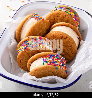 Gelati e biscotti sandwich impilati sul tavolo Foto Stock