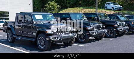 Tre Jeep Gladiator SUV schierati per la vendita presso una concessionaria in una giornata di sole estate Foto Stock