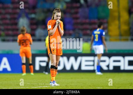 San Jose, Costa Rica. 28th ago, 2022. San Jose, Costa Rica, 28th 2022 agosto: Liz Rijsbergen (7 Paesi Bassi) sembra sconsolato e deluso durante la Coppa del mondo di donne FIFA U20 Costa Rica 2022 partita di calcio 3rd ° posto tra Paesi Bassi e Brasile a Estadio Nacional a San Jose, Costa Rica. (Daniela Porcelli/SPP) Credit: SPP Sport Press Photo. /Alamy Live News Foto Stock