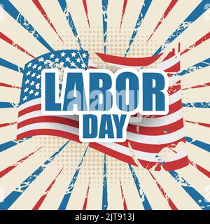 Biglietto d'auguri vintage Happy Labor Day, con bandiera degli stati uniti Illustrazione Vettoriale