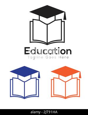 logo education con tappo di graduazione e simbolo del libro in figura con logo vettoriale a tre colori Illustrazione Vettoriale