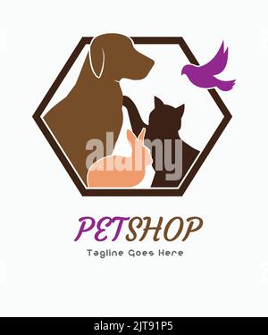 pet shop logo vettore cane gatto coniglio uccello con forma esagonale pet store logo animale care negozio carino coniglietto gatto cane migliore logo Illustrazione Vettoriale