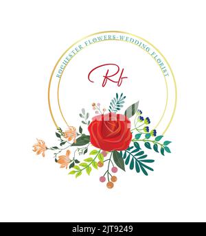 azienda fiorista di nozze logo floreale con rose foglie boccioli elementi boho logo Illustrazione Vettoriale
