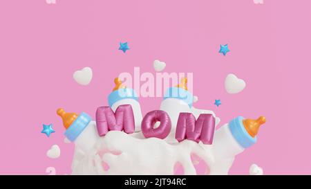 Festa del giorno delle madri felici, testo della mamma con biberon e spruzzi di latte, spazio di copia per aggiungere testo, rendering 3D. Foto Stock