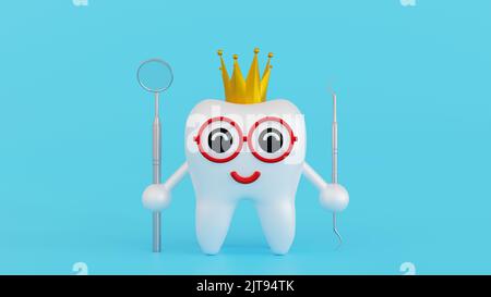 Carino dente umano carattere con viso felice che tiene attrezzature o spazzolino da denti, concetto di cura dentale, rendering 3D. Foto Stock