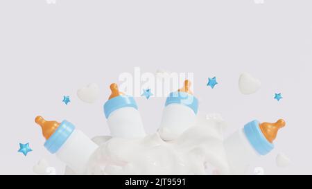 Festa della Festa delle madri, biberon con spruzzi di latte, spazio copia per aggiungere testo, rendering 3D. Foto Stock