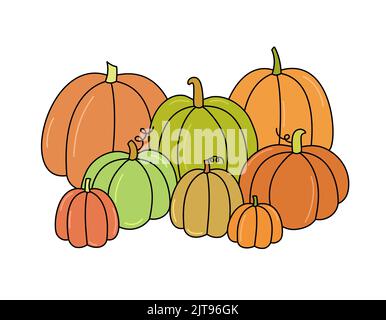 Illustrazione del vettore di raccolta della zucca. Composizione di zucche isolata su sfondo bianco. Doodle colorato mano disegnato contorno mucchio di verdure. Simbolo di Illustrazione Vettoriale