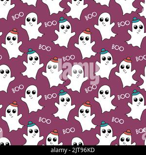 Modello di Halloween. Carino fantasmi cartoon e testo Boo. Halloween doodle senza cuciture sfondo. Illustrazione vettoriale divertente disegnata a mano colorata. Illustrazione Vettoriale