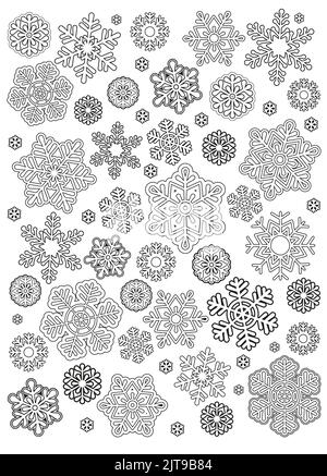 Pagina del libro da colorare invernale per adulto. Fiocchi di neve decorativi. Illustrazione vettoriale in bianco e nero Illustrazione Vettoriale