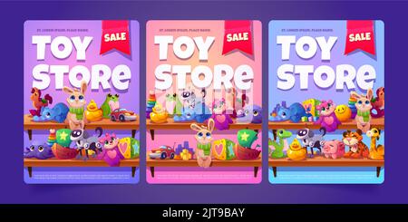 Set di modelli di volantini per la vendita di giocattoli. Collezione vettoriale di volantini con animaletti colorati, macchine telecomandate, robot sugli scaffali. Illustrazione dell'annuncio dello shopping del Black Friday Illustrazione Vettoriale