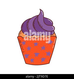 Cupcake di Halloween carino. Elemento di Halloween. Concetto di trick o treat. Illustrazione vettoriale in stile disegnato a mano Illustrazione Vettoriale