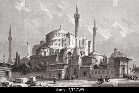 Grande Moschea di Santa Sofia, Costantinopoli, Istanbul moderna, Turchia, visto qui nel 19th ° secolo. Progettata da Isidore di Mileto e Antemio di Tralles fu una cattedrale cristiana bizantina del c. 360–1204, e 1261–1453, una cattedrale cattolica latina, 1204–1261, una moschea, 1453–1935, un museo 1935–2020 e infine una moschea ancora 2020-presente. Da Les Plus Belles Eglises du Monde, pubblicato nel 1861. Foto Stock