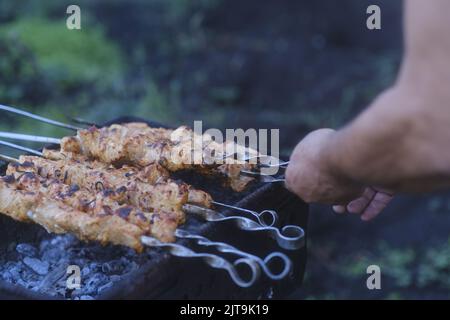 Crop persona friggere shashlik su braciere. Da sopra persona anonima girando deliziosi spiedini di carne sul brazier durante il picnic in estate. Foto Stock