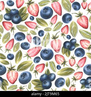 Fragole, mirtilli e foglie su fondo bianco. Illustrazione acquerello. Motivo senza cuciture da un grande set di DOLCI. Per tessuto, cucina Foto Stock