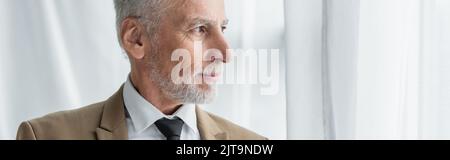 barbuto uomo di mezza età in tuta con cravatta guardando lontano tende bianche, banner, immagine stock Foto Stock