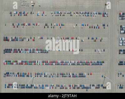 Vista dall'alto verso il basso del deposito di automobili di importazione ed esportazione nel porto. Industria automobilistica nuovi veicoli parcheggiati lotto pronto per la spedizione Foto Stock