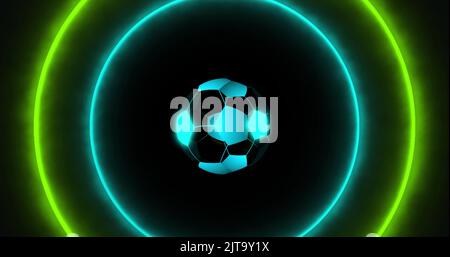 Immagine del calcio digitale su cerchi al neon su sfondo nero Foto Stock