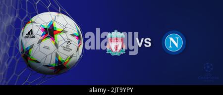 Guilherand-Granges, Francia - 29 agosto 2022. UEFA Champions League. Pallone da calcio in rete con il logo ufficiale della UEFA Champions League. Corrispondenza : FC li Foto Stock