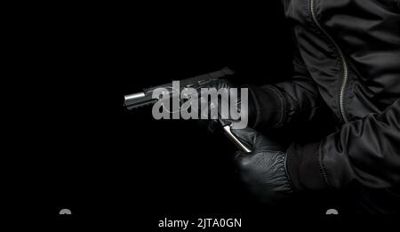 Un uomo in giacca nera e guanti neri tiene in mano una pistola e la ricarica. Arma scaricata in mano. Sfondo scuro. Foto Stock