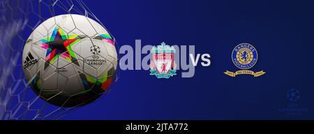 Guilherand-Granges, Francia - 29 agosto 2022. UEFA Champions League. Pallone da calcio in rete con il logo ufficiale della UEFA Champions League. Corrispondenza : FC li Foto Stock