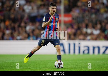 Barcellona, Spagna. 28th ago, 2022. Pedro Gonzalez Pedri del FC Barcelona durante la partita la Liga tra il FC Barcelona e il Real Valladolid si è giocato allo stadio Camp Nou il 28 agosto 2022 a Barcellona, Spagna. (Foto di Colas Buera / PRESSIN) Credit: PRESSINPHOTO SPORTS AGENCY/Alamy Live News Foto Stock