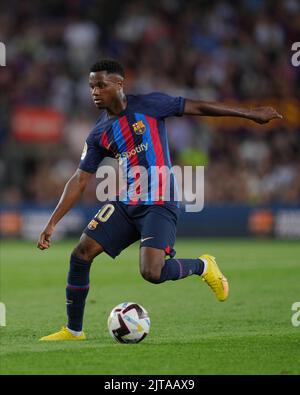 Barcellona, Spagna. 28th ago, 2022. Ansu dati del FC Barcelona durante la partita la Liga tra il FC Barcelona e il Real Valladolid si è giocato allo stadio Camp Nou il 28 agosto 2022 a Barcellona, Spagna. (Foto di Colas Buera / PRESSIN) Credit: PRESSINPHOTO SPORTS AGENCY/Alamy Live News Foto Stock