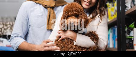 Vista ritagliata di una donna sorridente che tiene il barbone vicino al ragazzo e mostra nel negozio di animali domestici, banner Foto Stock