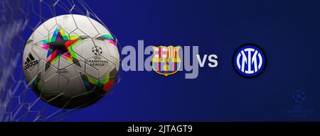 Guilherand-Granges, Francia - 29 agosto 2022. UEFA Champions League. Pallone da calcio in rete con il logo ufficiale della UEFA Champions League. Corrispondenza : FC Ba Foto Stock