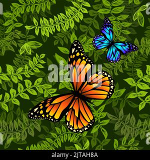 Bellissimo motivo senza cuciture con rami di albero su uno sfondo scuro con farfalle. Sfondo perfetto. Illustrazione vettoriale Illustrazione Vettoriale