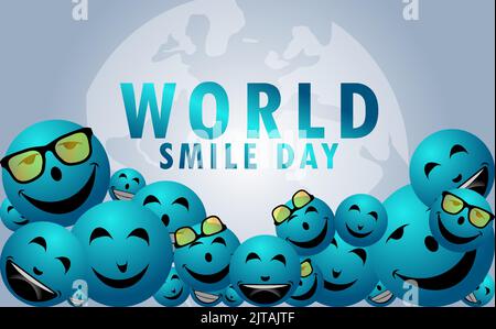 Grafica vettoriale del giorno del sorriso del mondo, un sacco di palline blu con volti sorridenti buona per la celebrazione del giorno del sorriso del mondo, design piatto, design della brochure, poster, pam Illustrazione Vettoriale