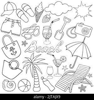 Estate. Set vettoriale di illustrazioni. Contorno su sfondo bianco isolato. Stile Doodle. Schizzo. Collezione spiaggia. Libro da colorare Illustrazione Vettoriale