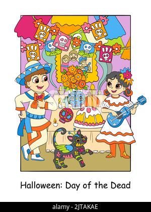 I bambini carini si levano in piedi al tavolo di festa al giorno della festa morta in Messico. Concetto di Halloween per i bambini. Cartoni animati vettoriali illustratio colorato Illustrazione Vettoriale