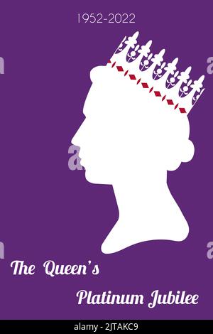 La celebrazione del Queens Platinum Jubilee. Profilo di silhouette della donna nella corona su sfondo viola. Illustrazione vettoriale in formato verticale per soc Illustrazione Vettoriale