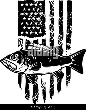 Pesce rosso sullo sfondo della bandiera americana. Elemento di design per emblema, insegna, badge, logo. Illustrazione vettoriale Illustrazione Vettoriale