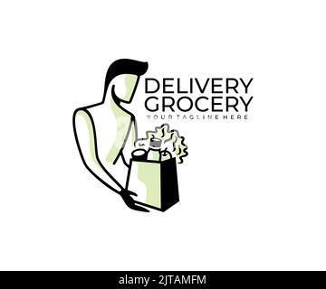 Un uomo che tiene una borsa di generi alimentari, consegna di prodotti, logo design. Cibo, consegna e ordine di cibo, disegno vettoriale e illustrazione Illustrazione Vettoriale