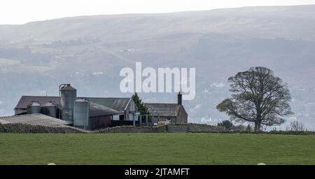 Vista insolita delle rocce di mucca e di vitello e di Moor Road su Ilkley Moor (West Yorkshire) in lontananza dietro una fattoria a Langbar, North Yorkshire, Engla Foto Stock