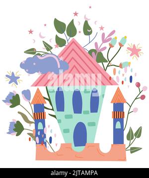 Bella composizione colorata con cartone animato principessa castello, nuvola, stella, fiori e foglie. Fantastico castello carino. Composizioni di fata per il vostro disegno. Illustrazione vettoriale. Illustrazione vettoriale Illustrazione Vettoriale