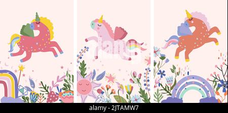 Fantastico unicorno con fiori e foglie colorate, arcobaleno, sole divertente e altro. Poster con cavallo magico può essere utilizzato come la creazione di carte, banner, compleanno e altre vacanze. Illustrazione vettoriale. Illustrazione Vettoriale