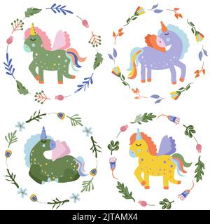 Fantastici e simpatici unicorni con la coda colorata e la corona intorno. Carini cavalli colorati in stile piatto. Perfect può essere utilizzato come la creazione di scheda, banner, compleanno e altre festività.Vector Illustrazione Vettoriale