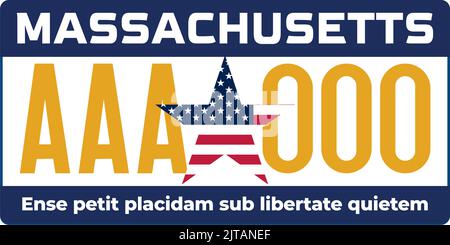 Targhe di targa del veicolo marcare in Massachusetts n Stati Uniti d'America, targhe di automobile.numeri di patente del veicolo di differenti Stati Americani.Vintage Illustrazione Vettoriale