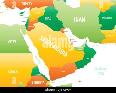 Medio Oriente Mappa politica dettagliata con le labili Illustrazione Vettoriale