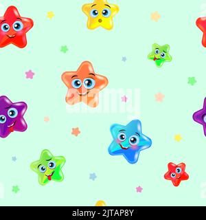Simpatico modello di stelle sorridenti. Sfondo vettoriale per il design di bambini e bambini. Illustrazione Vettoriale