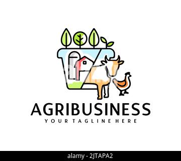 Agroalimentare, silos o stoccaggio, fienile, piante, vacca e pollo, design del logo. Agricoltura, agricoltura, agricoltura, giardinaggio e zootecnia, progettazione vettoriale Illustrazione Vettoriale