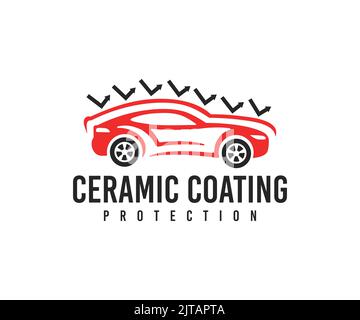 Servizio auto, auto, rivestimento ceramico di protezione e auto, logo design. Settore automobilistico, rivestimento in ceramica, protezione della vernice e dettagli per auto, design vettoriale Illustrazione Vettoriale