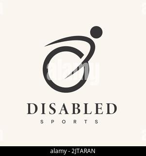 Design del logo della sedia a rotelle ispirato per persone con disabilità simbolo di sport veloci. Semplice illustrazione del logo dal design moderno. Illustrazione Vettoriale