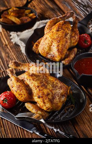 Dall'alto polli alimentati con mais intero arrostiti con pomodori e serviti su padelle vicino pentola e posate su tavola di legno Foto Stock