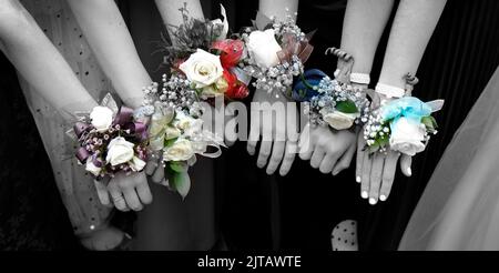 Ragazze con fiori di corsage per Prom vestiti belli Foto Stock