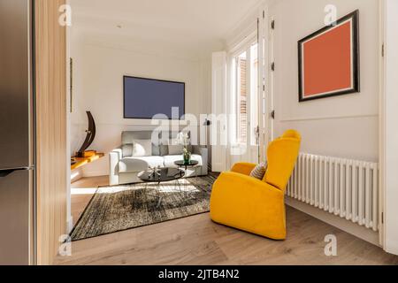 Soggiorno di una casa con tappeti, un divano a due posti in tessuto grigio con un tavolino con piante e una sedia ad ala in tessuto giallo brillante Foto Stock