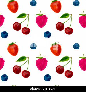Motivo senza cuciture con illustrazione di fragole, ciliegie e mirtilli su sfondo bianco Illustrazione Vettoriale